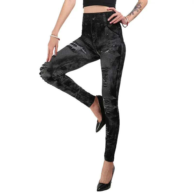 2024 Sexy Astic Imitation Jeans Leggings Women Stretch High Waist Pants Fitness Slim Push Up Leggings For Women Summer Breeches