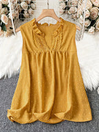 2025 Plus Size Fashion Selection! Yellow Sleeveless Polka - Dot Dress (Plus Size). The V - Neck with Delicate Lace Trim Exudes E