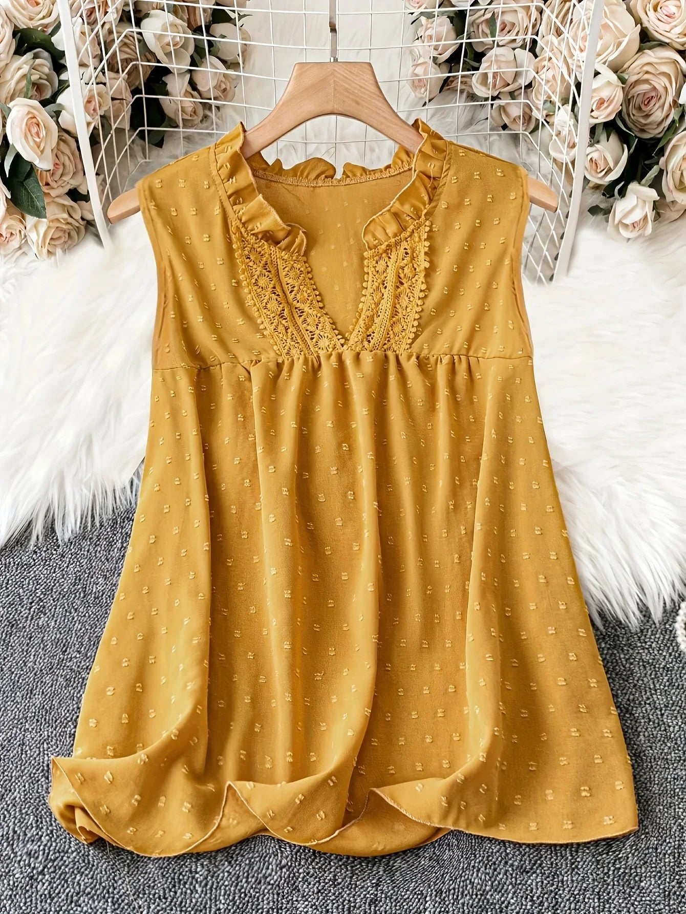 2025 Plus Size Fashion Selection! Yellow Sleeveless Polka - Dot Dress (Plus Size). The V - Neck with Delicate Lace Trim Exudes E
