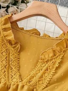 2025 Plus Size Fashion Selection! Yellow Sleeveless Polka - Dot Dress (Plus Size). The V - Neck with Delicate Lace Trim Exudes E