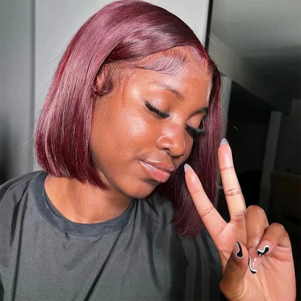 99J Burgundy Straight 13x4 Lace Frontal Bob Wigs Brazilian 100% Human Hair For Women WineRed Lace Front Human Hair Wig Short Bob