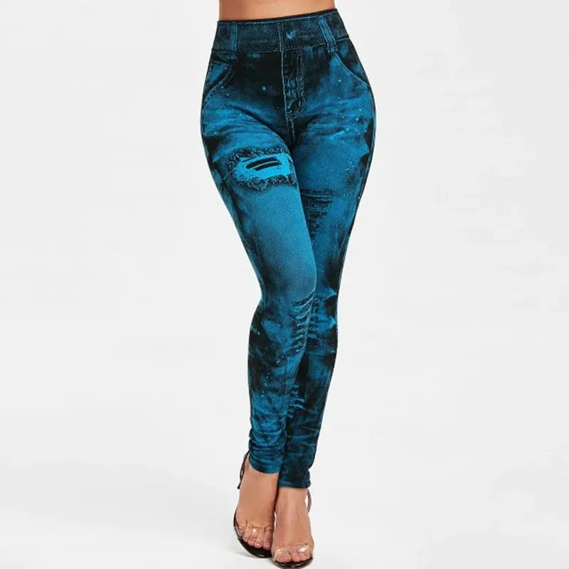 2024 Sexy Astic Imitation Jeans Leggings Women Stretch High Waist Pants Fitness Slim Push Up Leggings For Women Summer Breeches