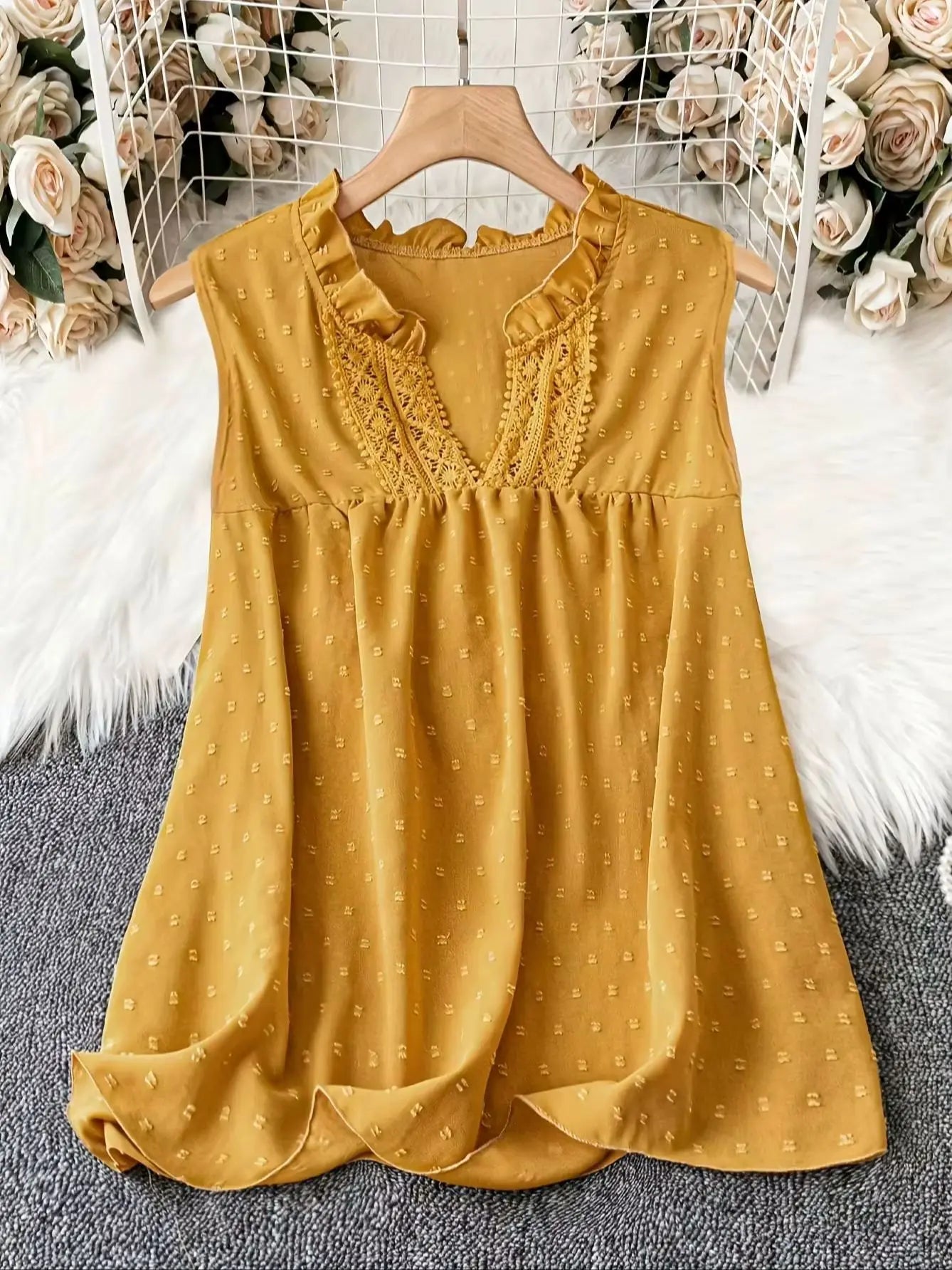 2025 Plus Size Fashion Selection! Yellow Sleeveless Polka - Dot Dress (Plus Size). The V - Neck with Delicate Lace Trim Exudes E