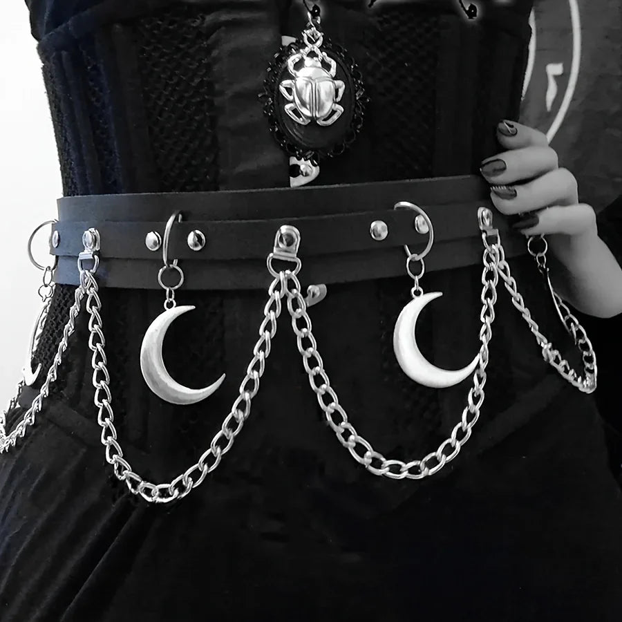 1pc Moon Pendant Chain Fringe Goth Belt Punk Black PU Leather Belts Vintage Waistband For Women daily use