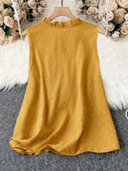 2025 Plus Size Fashion Selection! Yellow Sleeveless Polka - Dot Dress (Plus Size). The V - Neck with Delicate Lace Trim Exudes E