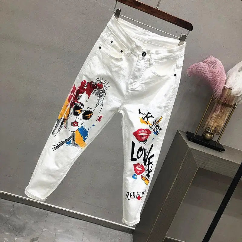 2021 New Autumn Women Jeans Cartoon Graffiti Print Pencil Pants High Waist Stretched Jeans Casual Ankle-length Pants Trousers