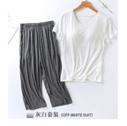 2025 summer new ladies modal pajamas two-piece suit with chest pad short-sleeved cropped trousers plus size home service set
