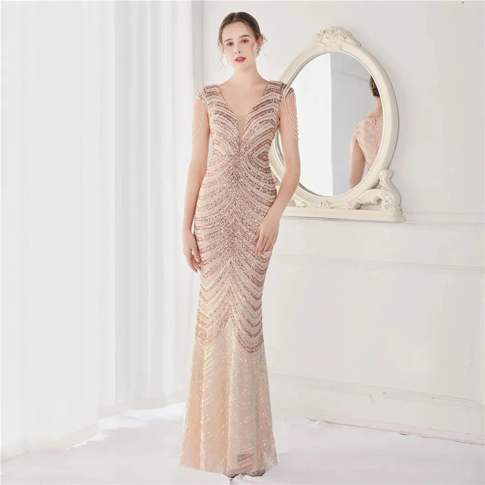 DEERVEADO Elegant V Neck Mermaid Evening Dress Long Luxury Beads Women Evening Party Dresses 2025 New Formal Dress 19085