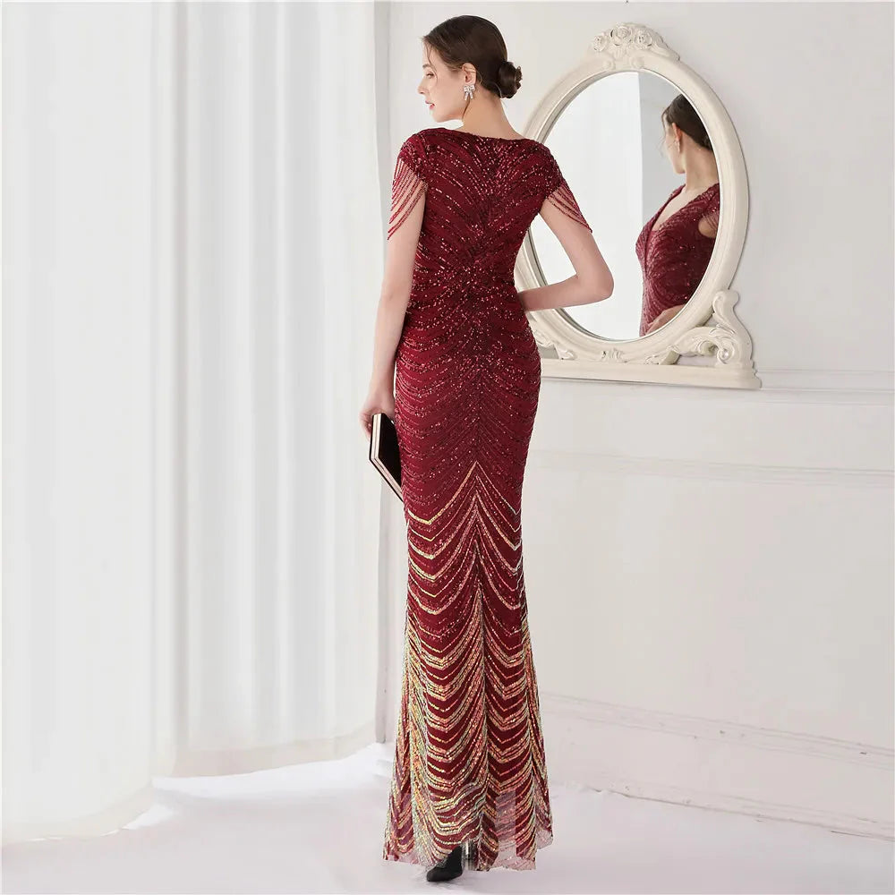 DEERVEADO Elegant V Neck Mermaid Evening Dress Long Luxury Beads Women Evening Party Dresses 2025 New Formal Dress 19085