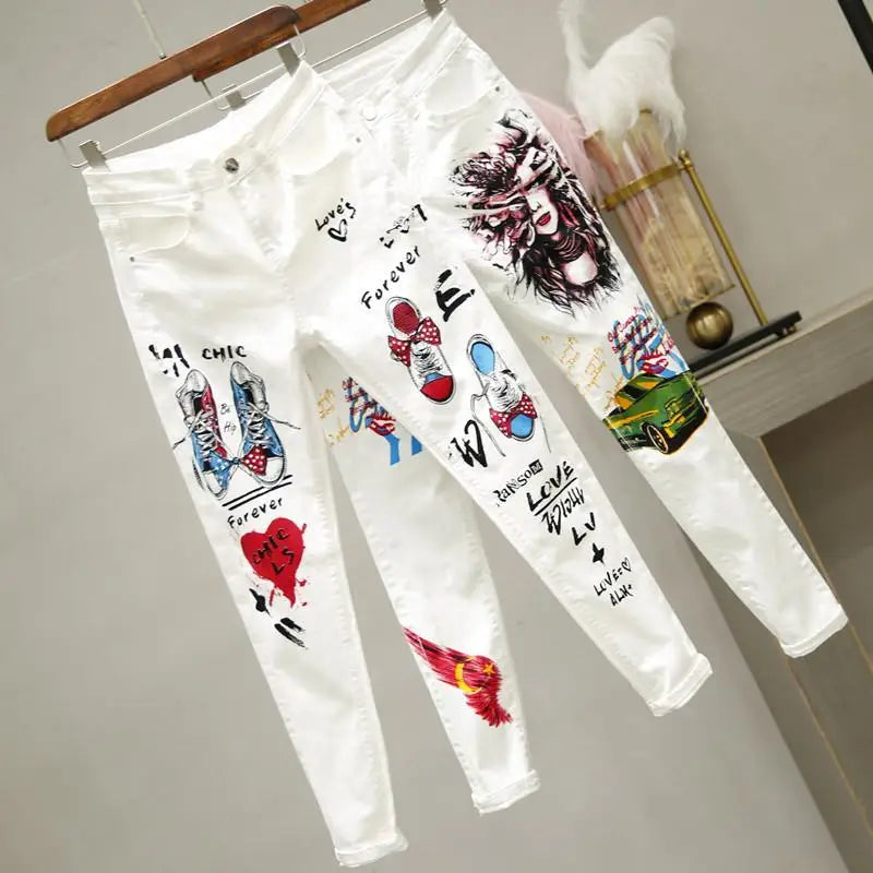 2021 New Autumn Women Jeans Cartoon Graffiti Print Pencil Pants High Waist Stretched Jeans Casual Ankle-length Pants Trousers