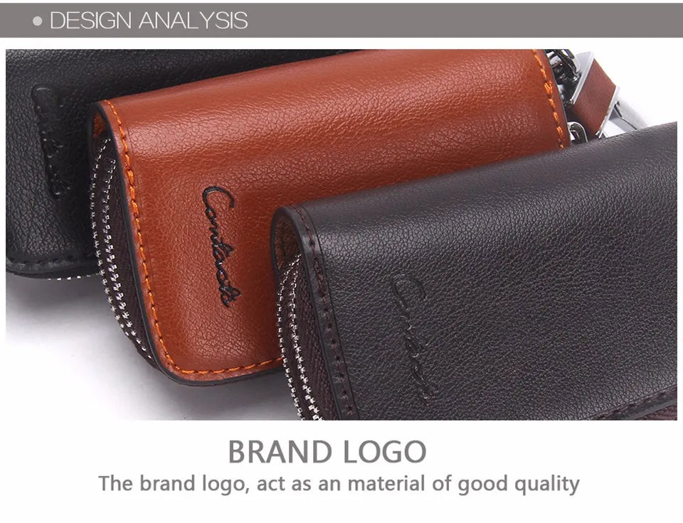 CONTACT'S Classic New Double Zip Men's Genuine Cow Leather Car Key Holder Multifunction Housekeeper  High Class Motor Key Case