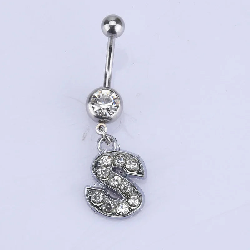 1Pc Letter Belly Button Ring Rhinestone Alphabet Pendant Navel Body Piercing Jewelry Silver Colour Nombril Piercing Gift Women