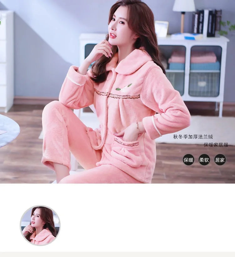 Autumn Winter Thicken Flannel Women Pajamas Set Two-piece suit Warm Loose Long-sleeve Female Casual Home service Single-breasted