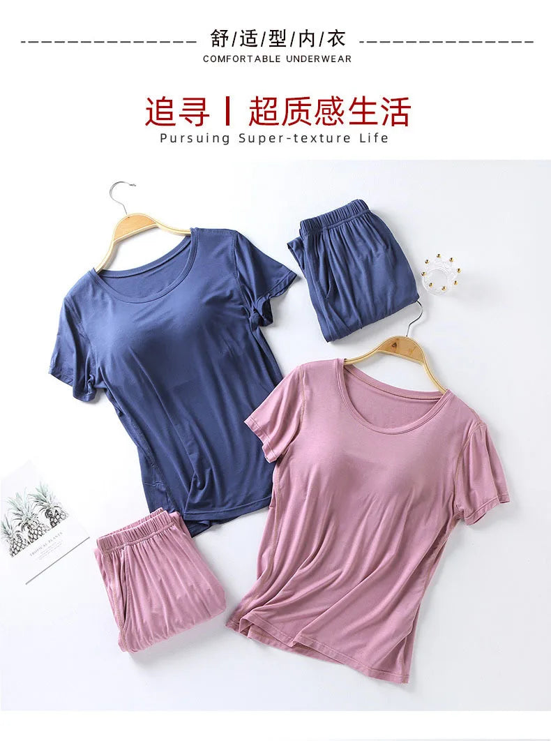 2025 summer new ladies modal pajamas two-piece suit with chest pad short-sleeved cropped trousers plus size home service set