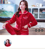 Autumn Winter Thicken Flannel Women Pajamas Set Two-piece suit Warm Loose Long-sleeve Female Casual Home service Single-breasted