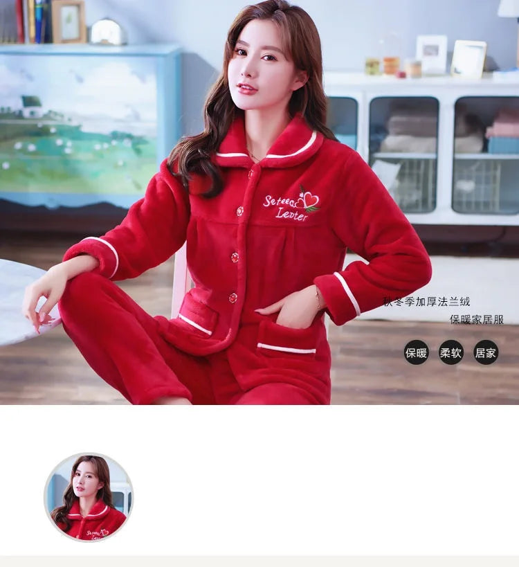 Autumn Winter Thicken Flannel Women Pajamas Set Two-piece suit Warm Loose Long-sleeve Female Casual Home service Single-breasted