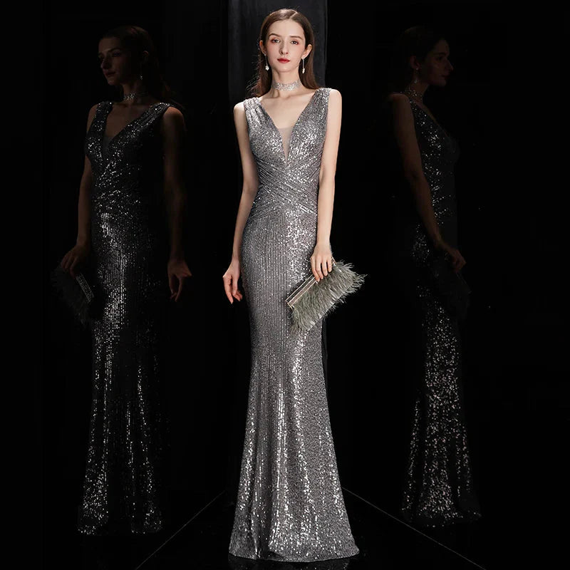 DEERVEADO Elegant V Neck Sequin Evening Dress Long 2025 New Women Mermaid Formal Dress Party Gown Bodycon Maxi Prom Dress