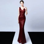 DEERVEADO Elegant V Neck Sequin Evening Dress Long 2025 New Women Mermaid Formal Dress Party Gown Bodycon Maxi Prom Dress