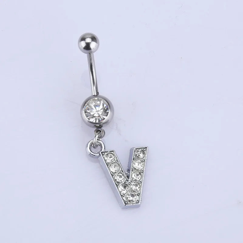 1Pc Letter Belly Button Ring Rhinestone Alphabet Pendant Navel Body Piercing Jewelry Silver Colour Nombril Piercing Gift Women
