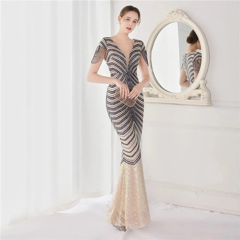 DEERVEADO Elegant V Neck Mermaid Evening Dress Long Luxury Beads Women Evening Party Dresses 2025 New Formal Dress 19085