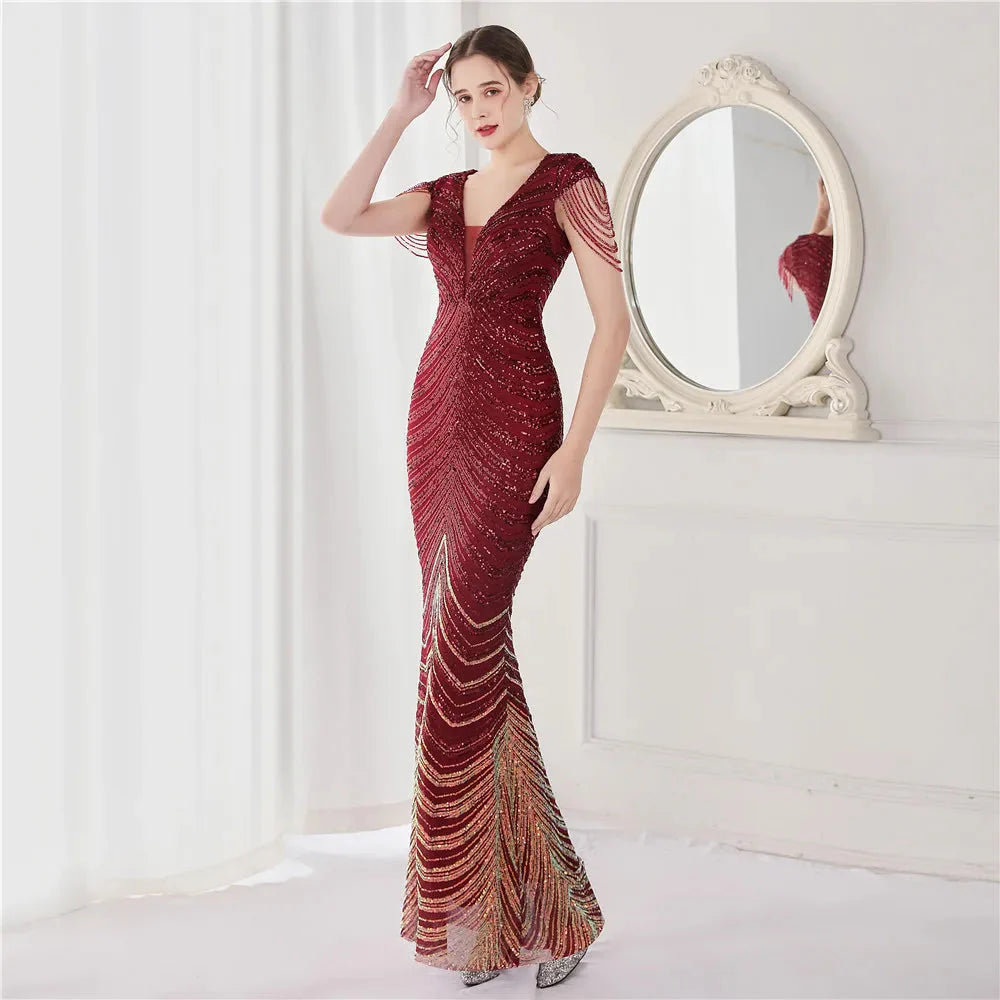 DEERVEADO Elegant V Neck Mermaid Evening Dress Long Luxury Beads Women Evening Party Dresses 2025 New Formal Dress 19085