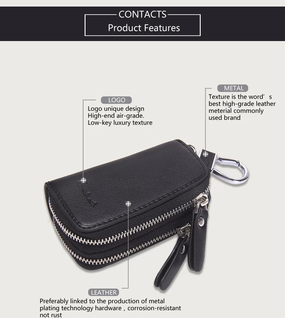 CONTACT'S Classic New Double Zip Men's Genuine Cow Leather Car Key Holder Multifunction Housekeeper  High Class Motor Key Case