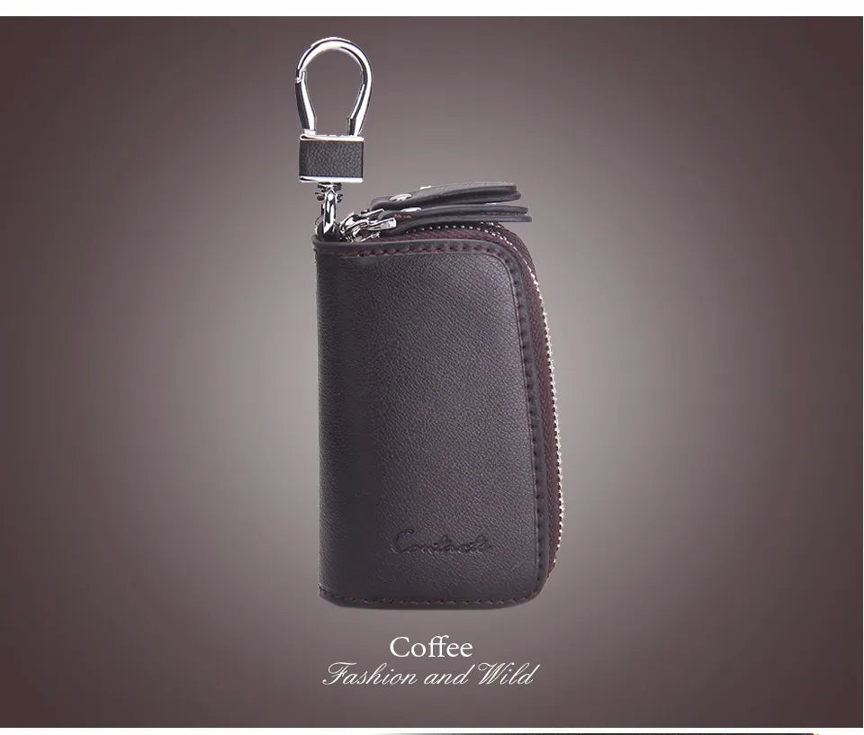 CONTACT'S Classic New Double Zip Men's Genuine Cow Leather Car Key Holder Multifunction Housekeeper  High Class Motor Key Case