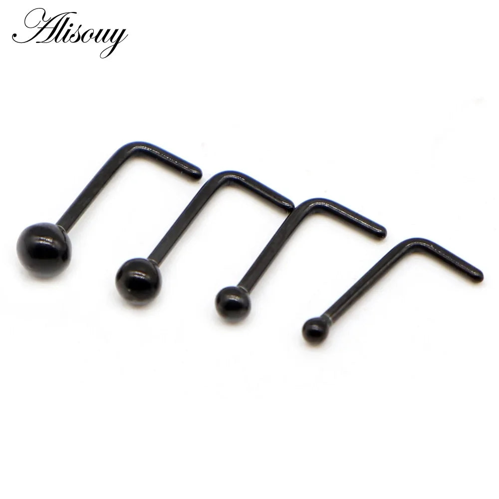Alisouy 1PC Nose Studs Ball Round Nose Rings L-Shape Gold Color Nostril Stainless Steel Nose Piercing Body Jewelry For Women