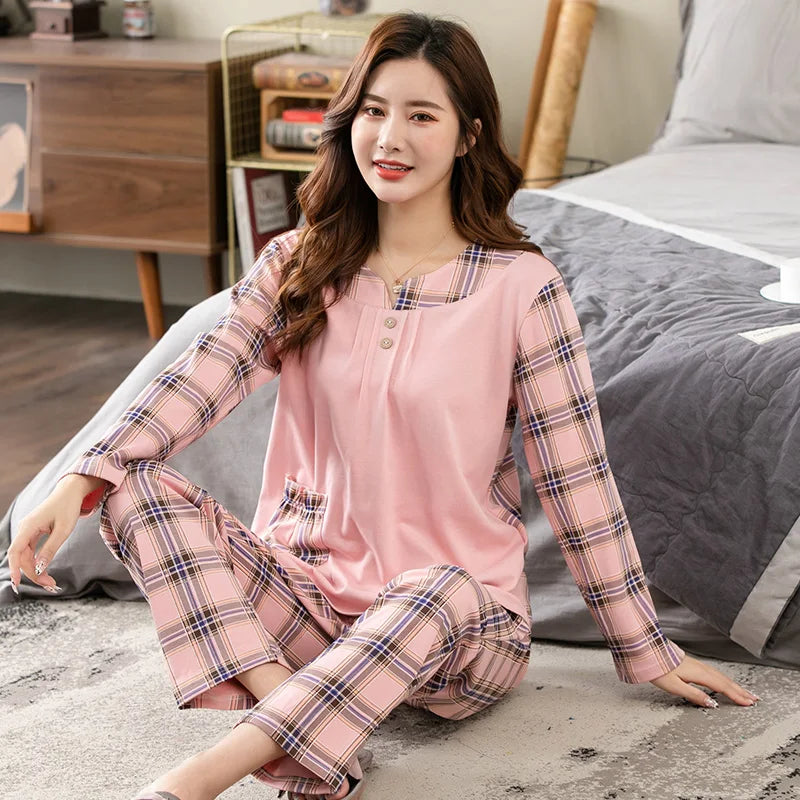 Big yards M-4XL v-neck long sleeve pajamas set for women floral print nightwear autumn cotton sleepwear nightie female pyjama