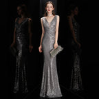 DEERVEADO Elegant V Neck Sequin Evening Dress Long 2025 New Women Mermaid Formal Dress Party Gown Bodycon Maxi Prom Dress
