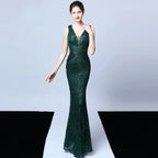 DEERVEADO Elegant V Neck Sequin Evening Dress Long 2025 New Women Mermaid Formal Dress Party Gown Bodycon Maxi Prom Dress
