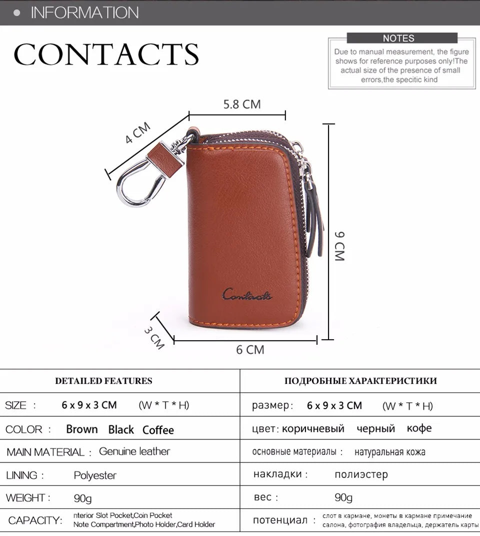 CONTACT'S Classic New Double Zip Men's Genuine Cow Leather Car Key Holder Multifunction Housekeeper  High Class Motor Key Case