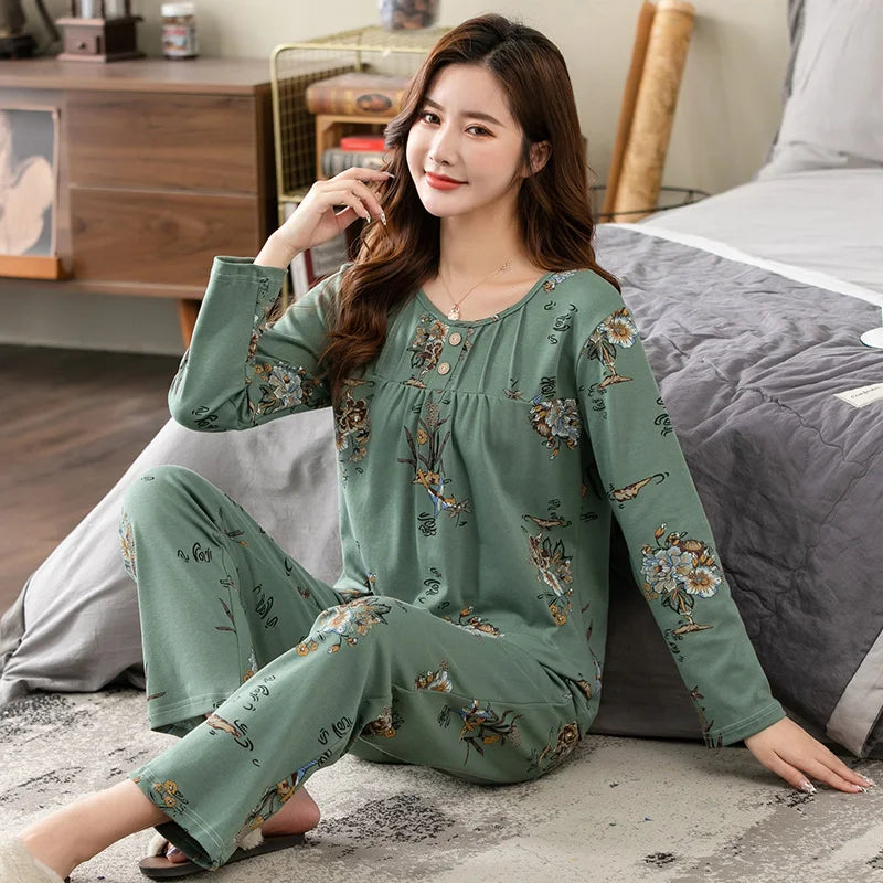 Big yards M-4XL v-neck long sleeve pajamas set for women floral print nightwear autumn cotton sleepwear nightie female pyjama