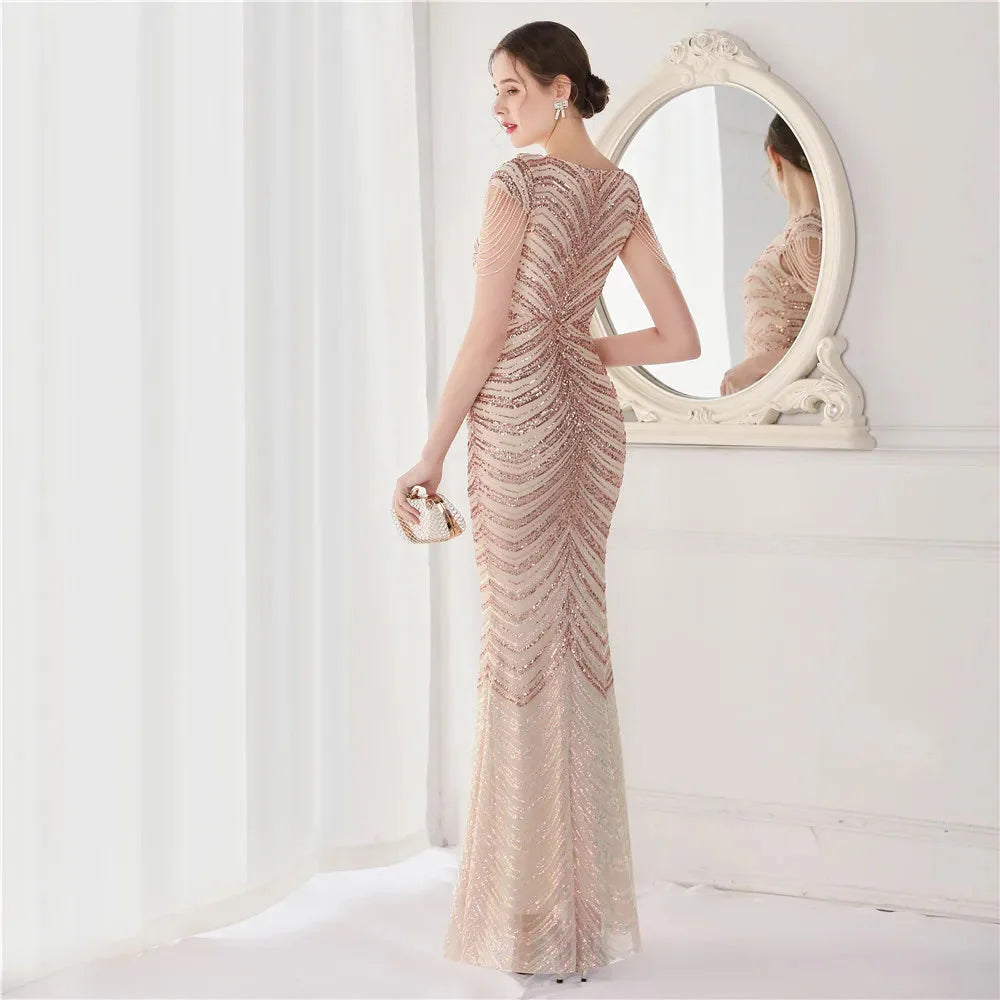 DEERVEADO Elegant V Neck Mermaid Evening Dress Long Luxury Beads Women Evening Party Dresses 2025 New Formal Dress 19085