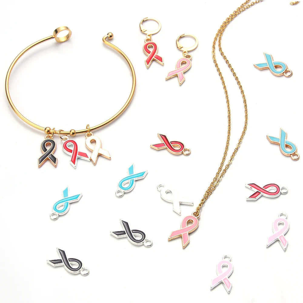 10pcs/lot Breast Cancer Awareness Ribbon Pendant Pink Ribbon Charm Pendants DIY Accessories for Women Jewelry Necklace Bracelet