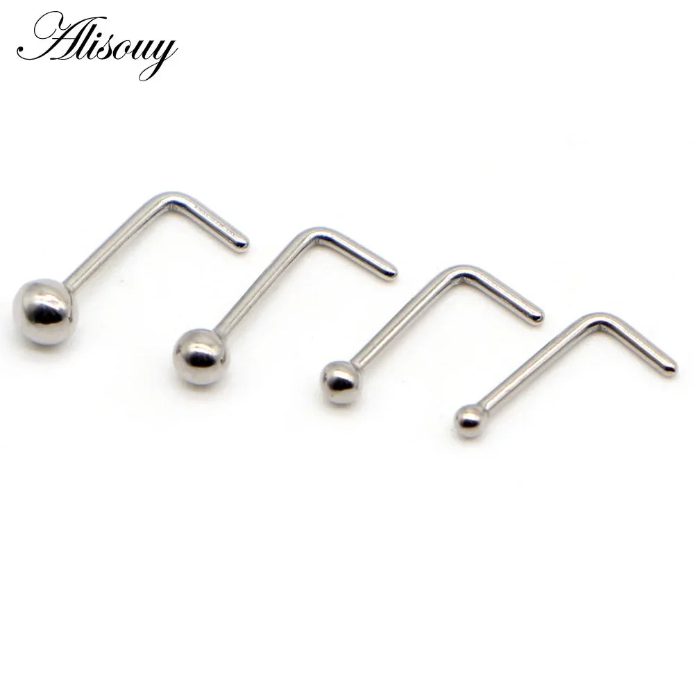 Alisouy 1PC Nose Studs Ball Round Nose Rings L-Shape Gold Color Nostril Stainless Steel Nose Piercing Body Jewelry For Women