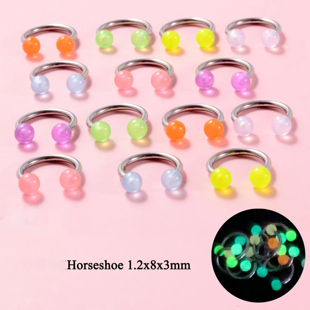 10/14pcs/Set Luminous Surgical Steel Tongue BCR Navel Belly Ring Acrylic Glow in the Dark Ball Labret Stud Body Piercing Jewelry