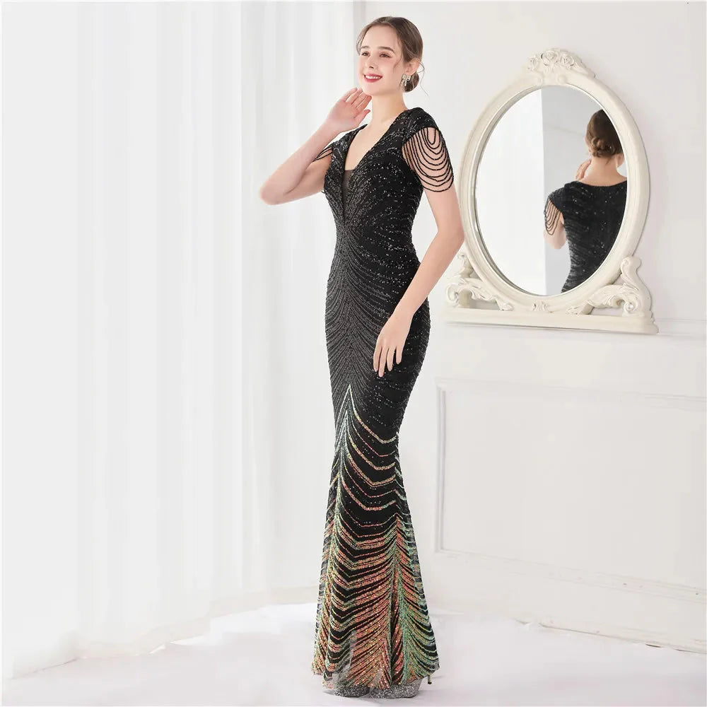 DEERVEADO Elegant V Neck Mermaid Evening Dress Long Luxury Beads Women Evening Party Dresses 2025 New Formal Dress 19085