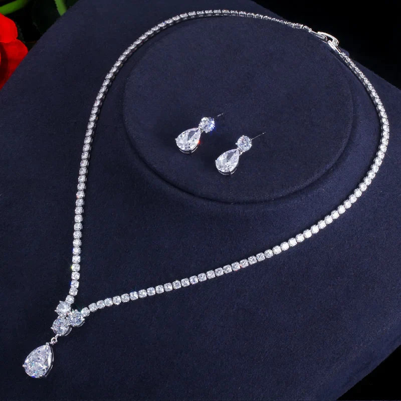 CWWZircons Fashion Cubic Zirconia Water Drop Pendant Necklace and Earrings Bridal Wedding Jewelry Sets for Brides Party T397