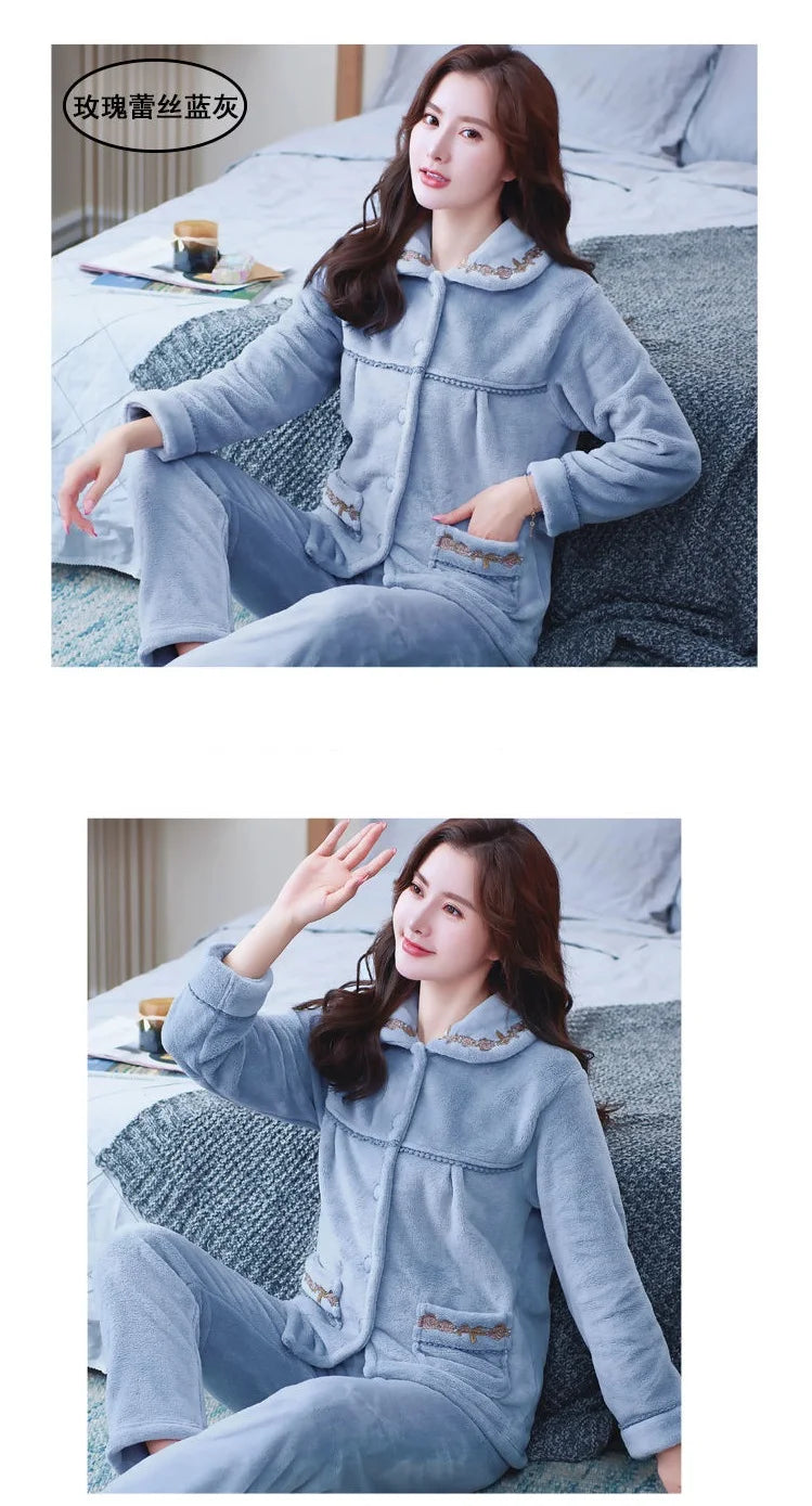 Autumn Winter Thicken Flannel Women Pajamas Set Two-piece suit Warm Loose Long-sleeve Female Casual Home service Single-breasted