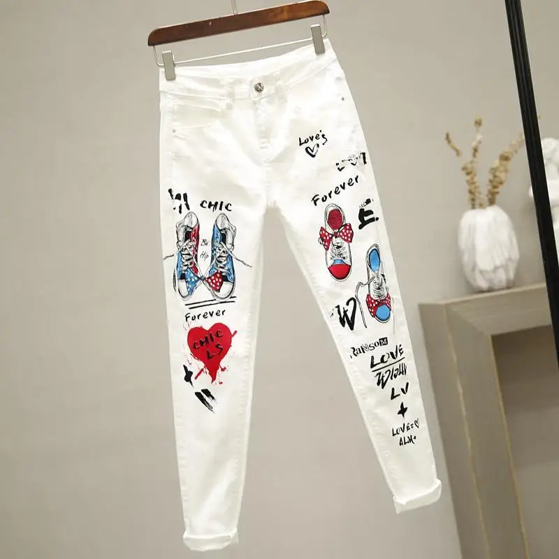 2021 New Autumn Women Jeans Cartoon Graffiti Print Pencil Pants High Waist Stretched Jeans Casual Ankle-length Pants Trousers