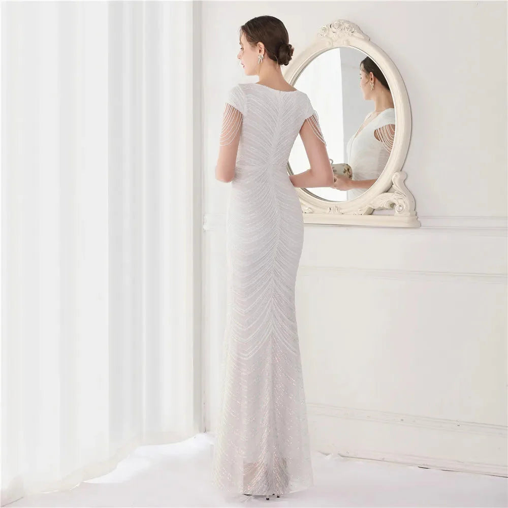 DEERVEADO Elegant V Neck Mermaid Evening Dress Long Luxury Beads Women Evening Party Dresses 2025 New Formal Dress 19085