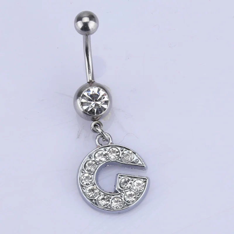 1Pc Letter Belly Button Ring Rhinestone Alphabet Pendant Navel Body Piercing Jewelry Silver Colour Nombril Piercing Gift Women