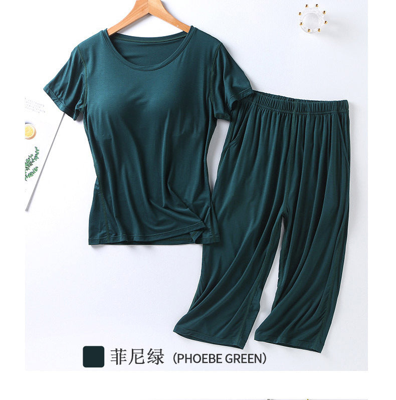 2025 summer new ladies modal pajamas two-piece suit with chest pad short-sleeved cropped trousers plus size home service set