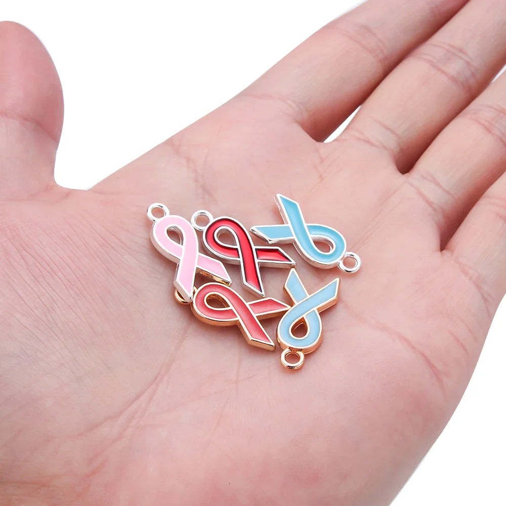 10pcs/lot Breast Cancer Awareness Ribbon Pendant Pink Ribbon Charm Pendants DIY Accessories for Women Jewelry Necklace Bracelet