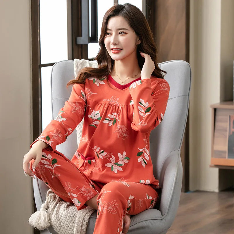 Big yards M-4XL v-neck long sleeve pajamas set for women floral print nightwear autumn cotton sleepwear nightie female pyjama