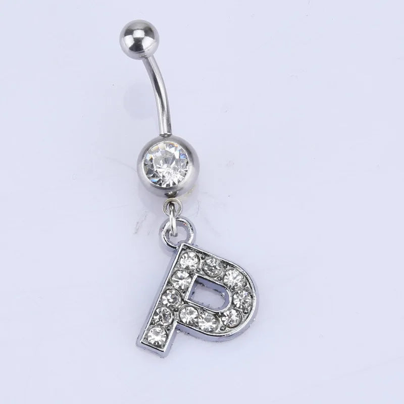 1Pc Letter Belly Button Ring Rhinestone Alphabet Pendant Navel Body Piercing Jewelry Silver Colour Nombril Piercing Gift Women