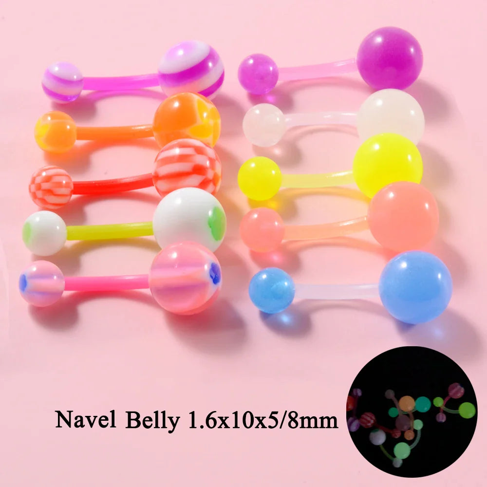 10/14pcs/Set Luminous Surgical Steel Tongue BCR Navel Belly Ring Acrylic Glow in the Dark Ball Labret Stud Body Piercing Jewelry
