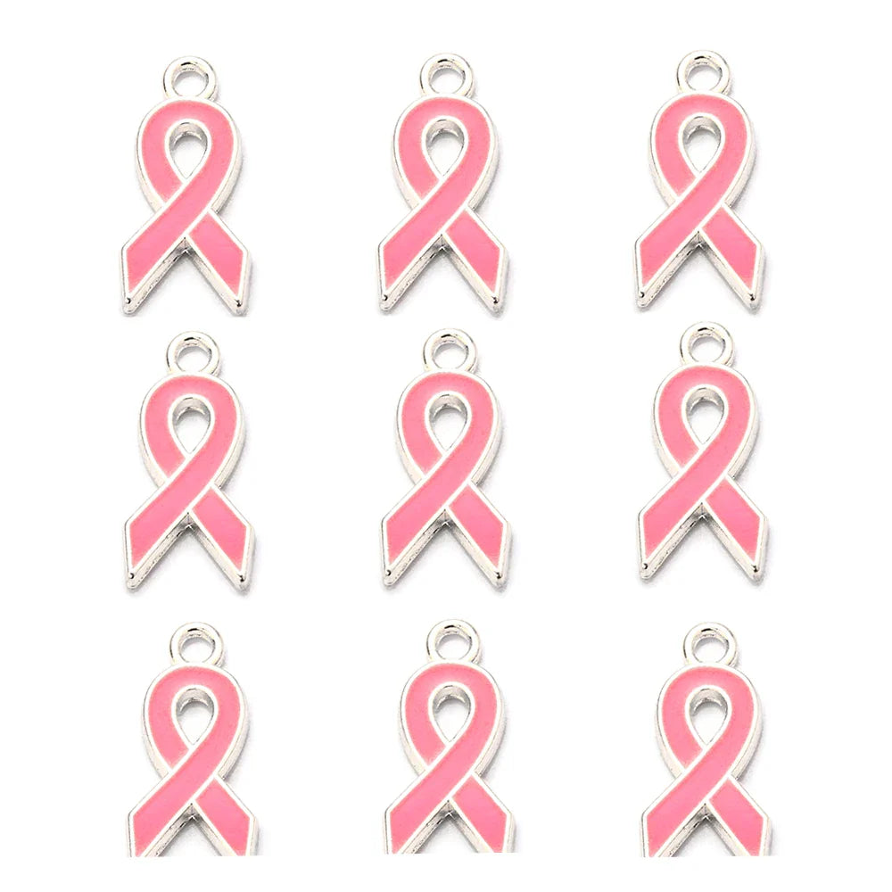 10pcs/lot Breast Cancer Awareness Ribbon Pendant Pink Ribbon Charm Pendants DIY Accessories for Women Jewelry Necklace Bracelet