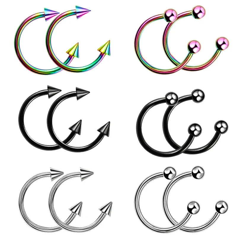 2pcs Stainless Steel Nose Hoop Ring Septum Rings Lip Studs Nostril Earrings Circular Tragus Ear Piercing Horseshoe Body Jewelry